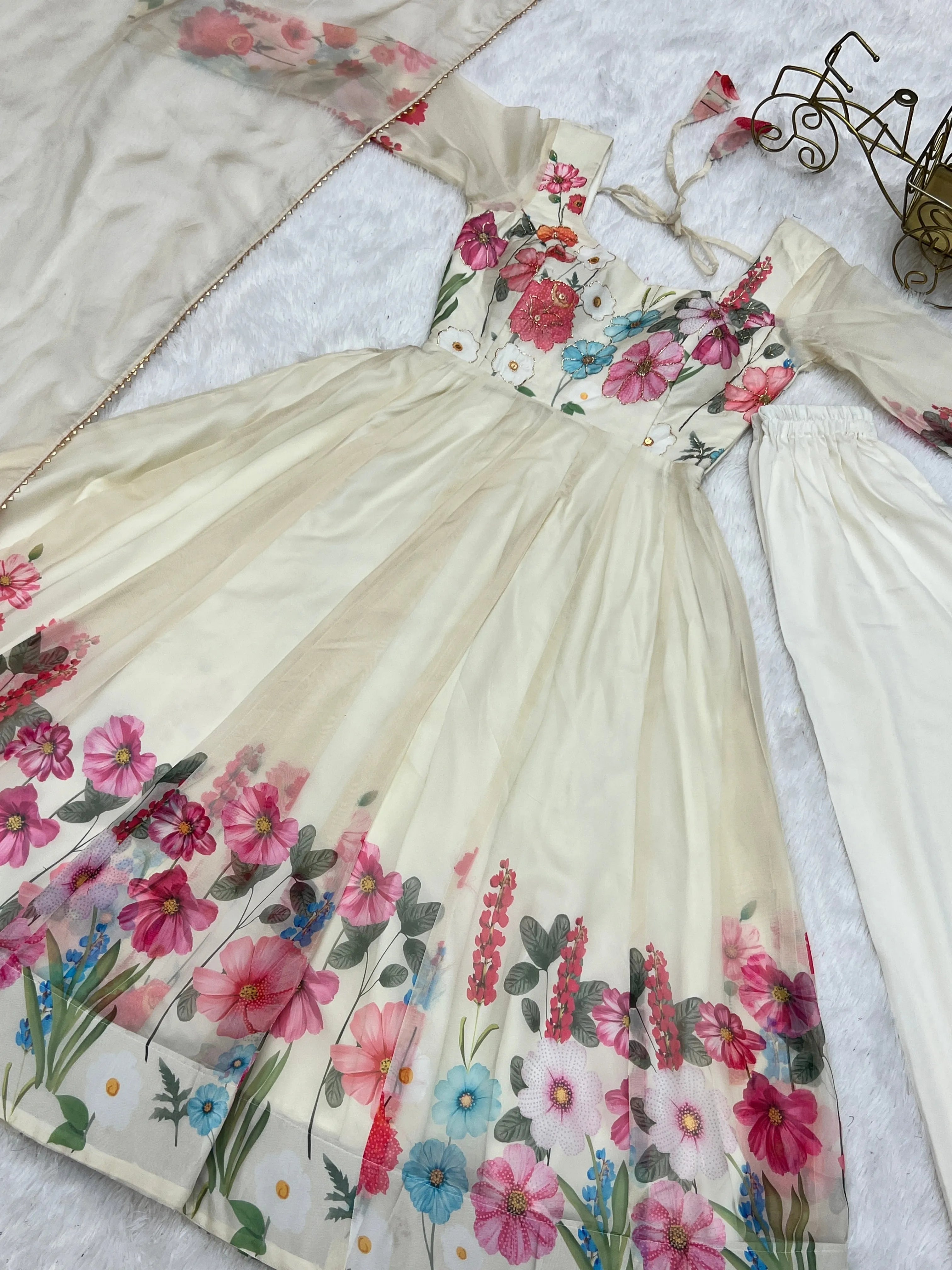 Cream silk Floral Printed anarkali suit with dupatta Cheap Sale View