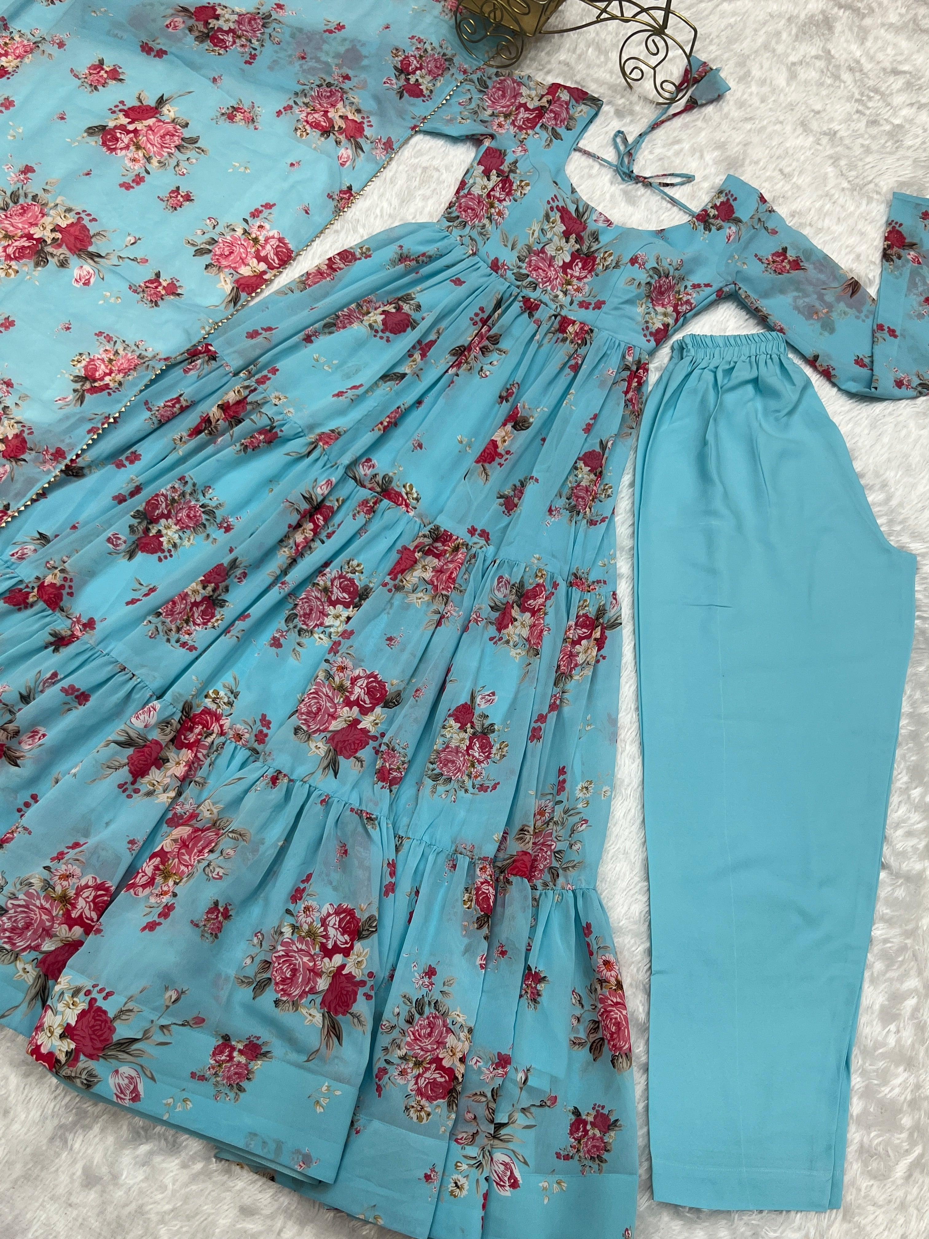 Sky Blue Pure Faux Georgette Floral Printed Ruffle Anarkali Pant Suit Cheap Sale New Arrival