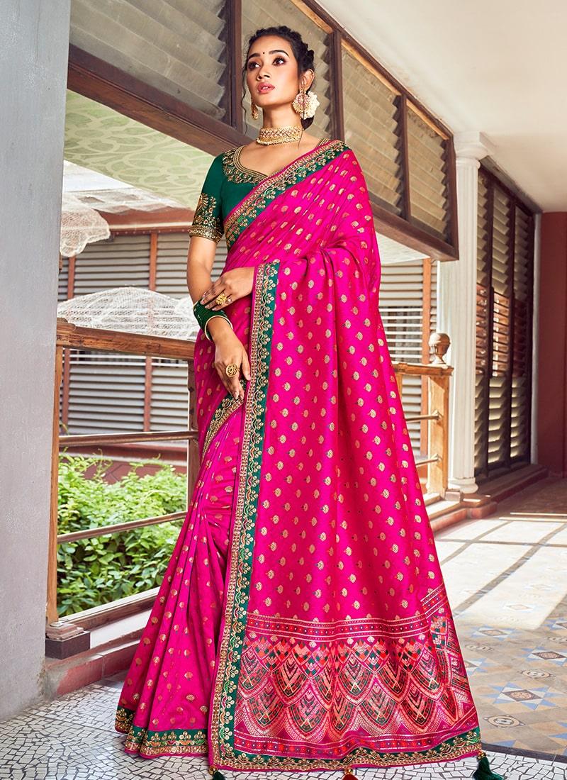 Fantastic Double Blouse Concept Embroidery Work Rani Pink Color Saree Buy Cheap Clearance