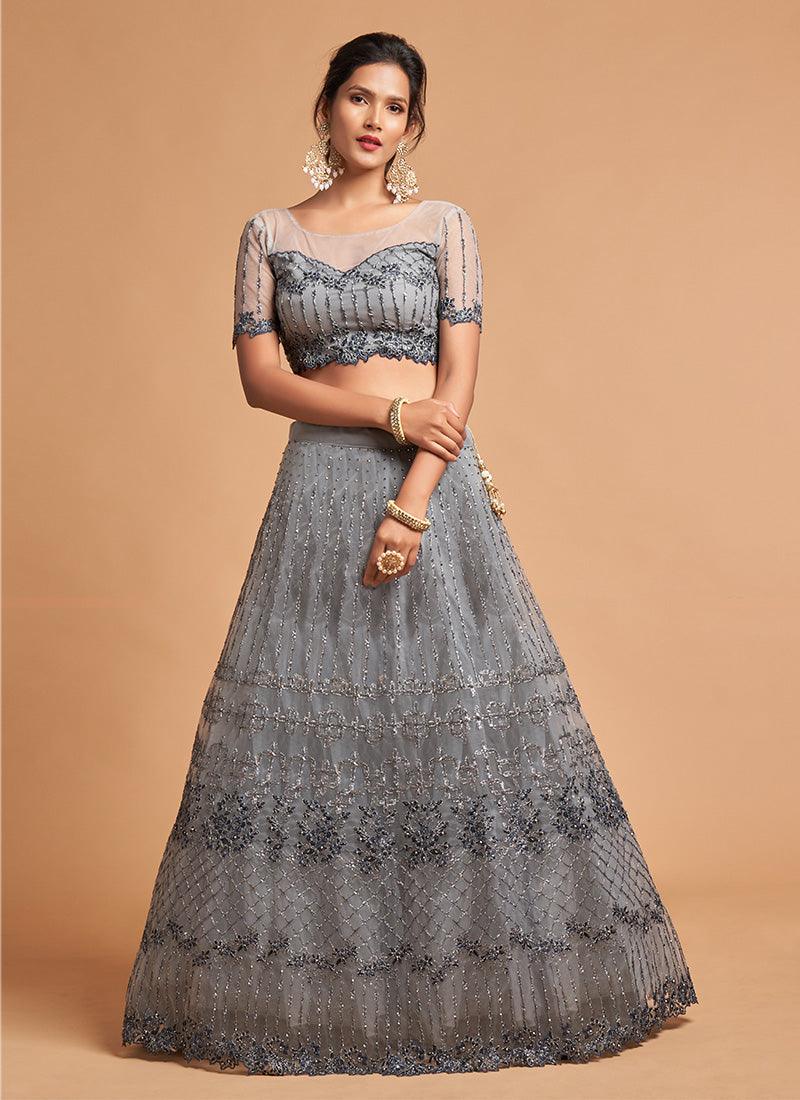 Grey Color Soft Net Embroidered Lehenga Choli With Thread Work Outlet Where Can You Find