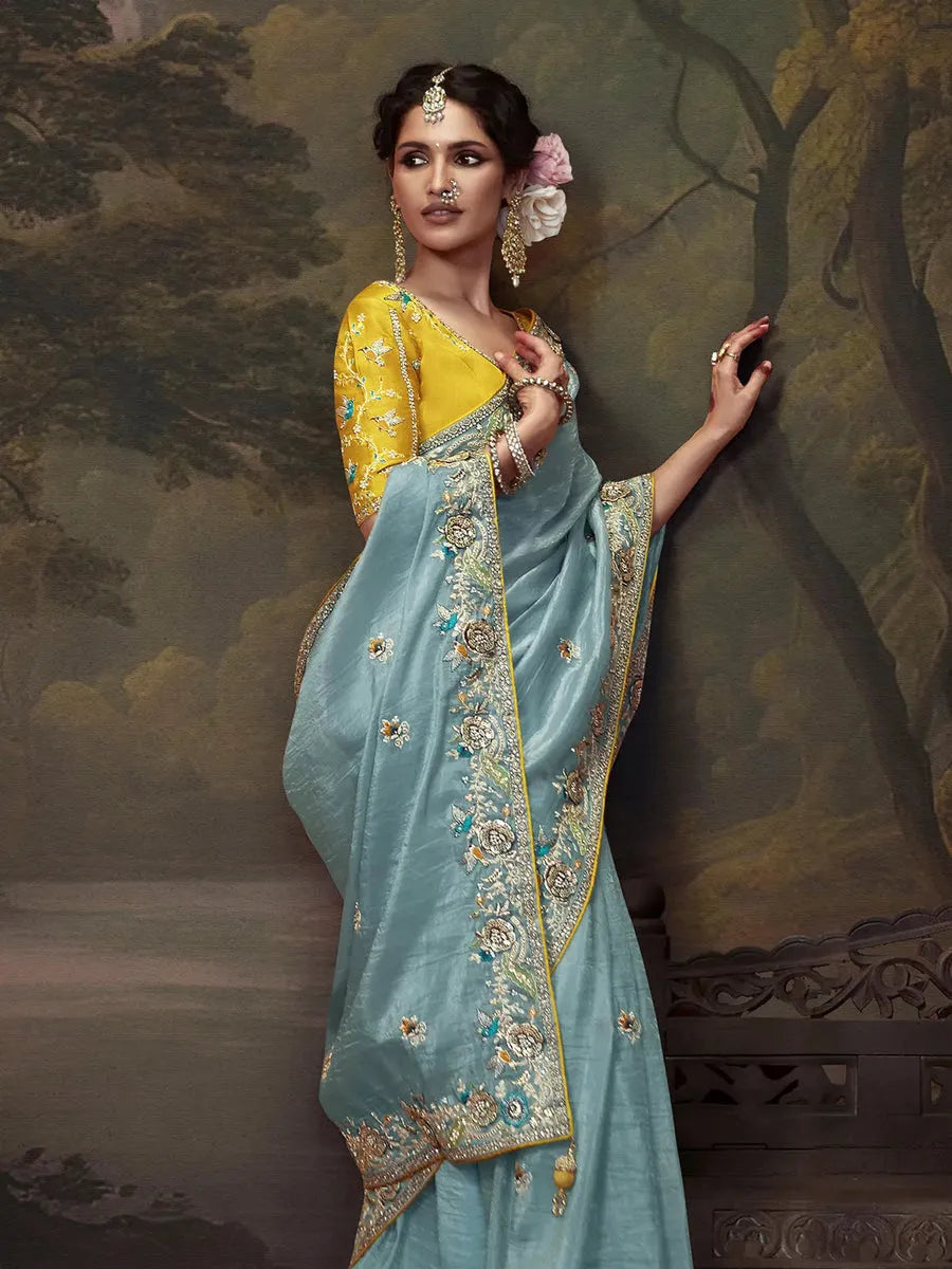 Elegant Sky Blue Embroidered Fancy Saree Manchester Great Sale Cheap Pice