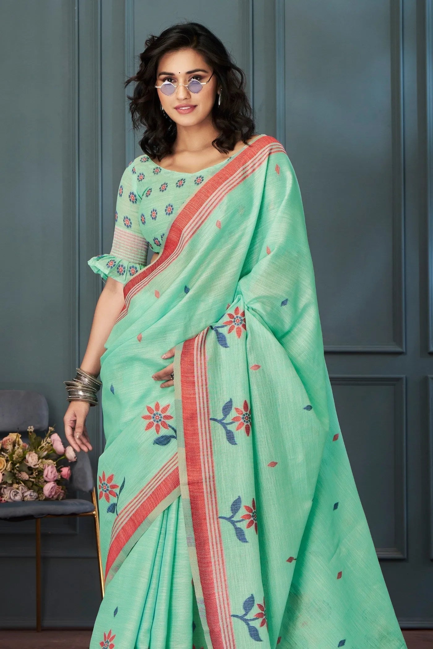 Vista Green Handloom Linen Saree Sast Cheap Pice