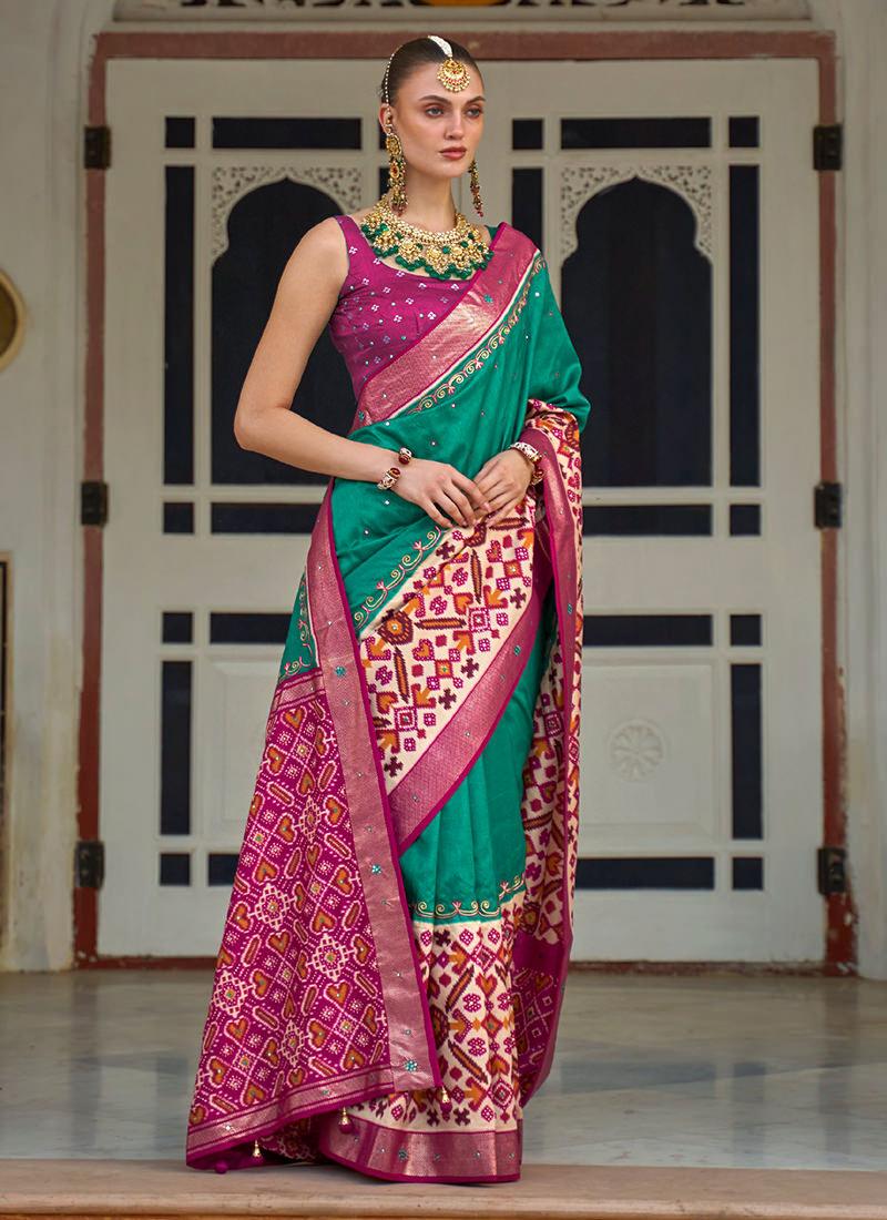 Sea Green Foil Work Patola Silk Saree Order