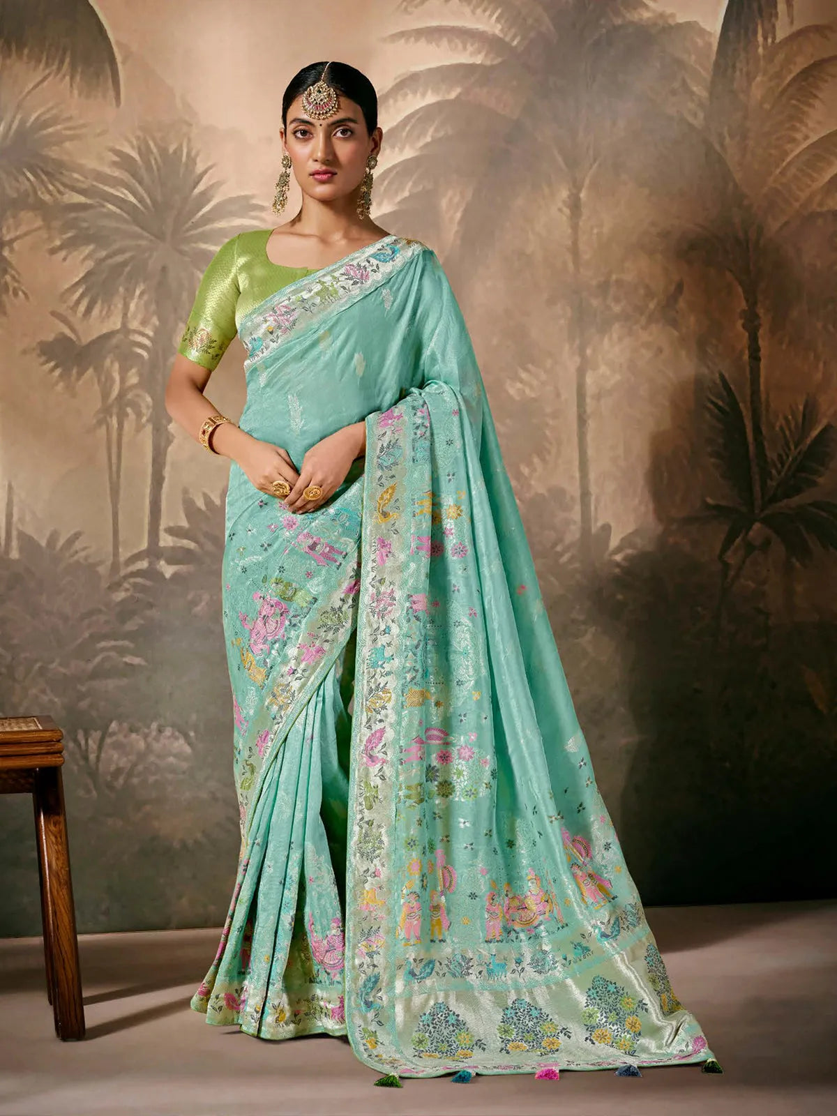 Majestic Mint Green Paithani Banarasi Silk Saree with Floral Motifs Clearance Store Cheap Online