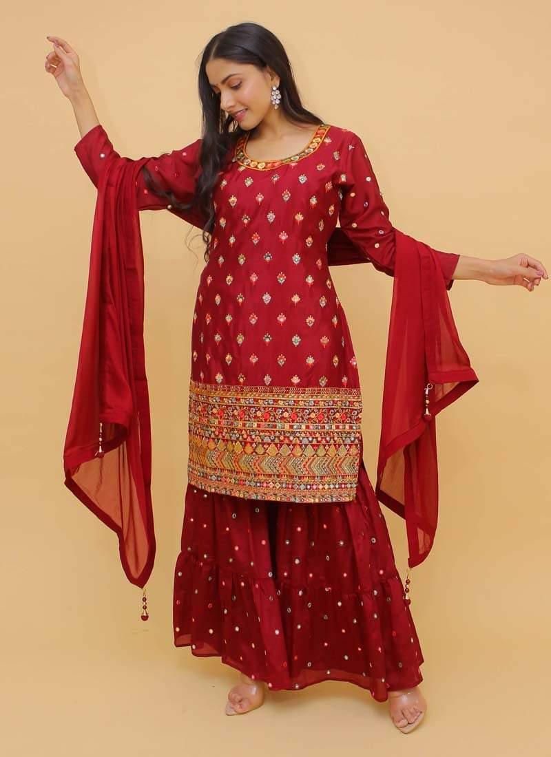 Attractive Look Georgette Fabric Red Color Resham Work Sharara Salwar Suit Cost For Sale