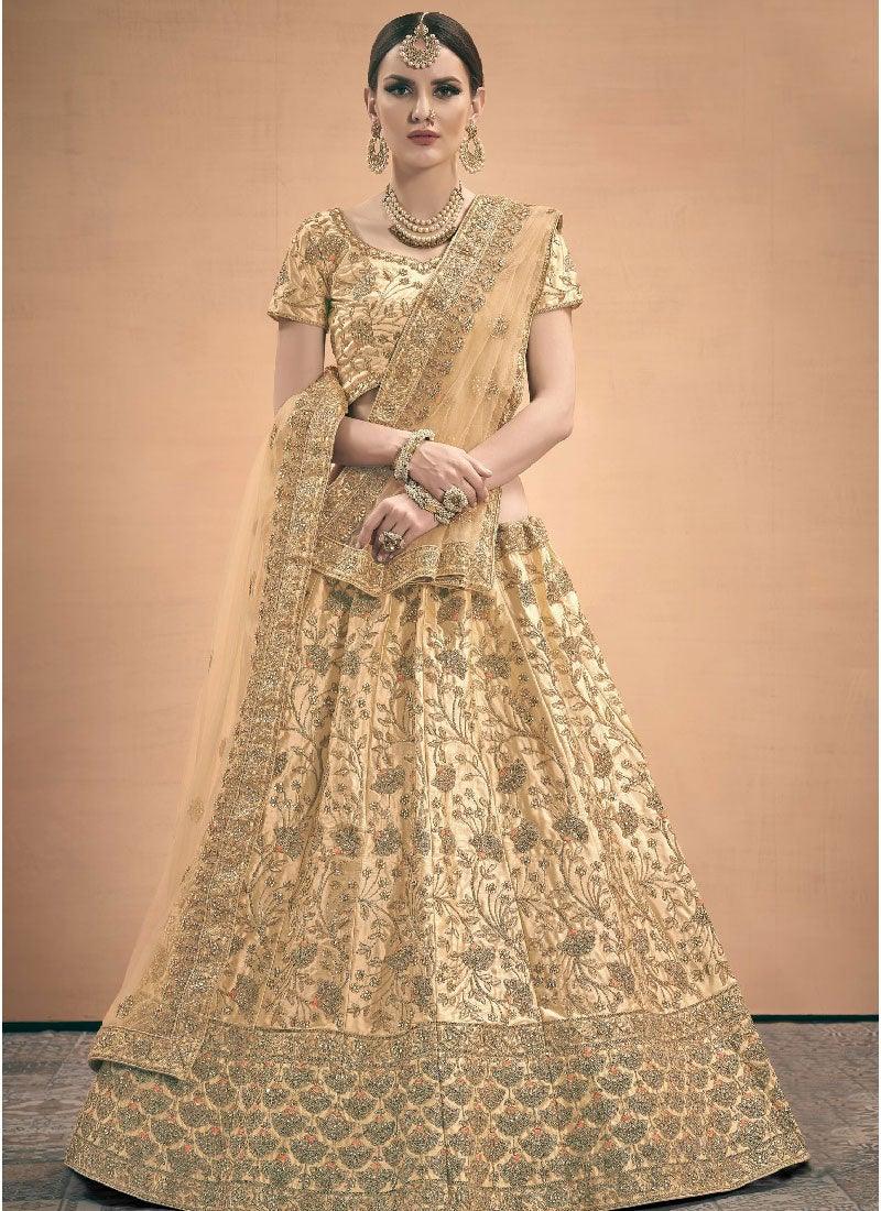 Beige Color Satin Fabric Stone And Dori Work Lehenga How Much