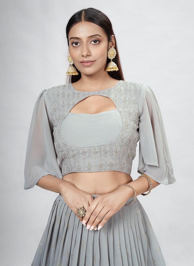 Grey Crop Top Lehenga With Ruffle Dupatta Clearance Reliable