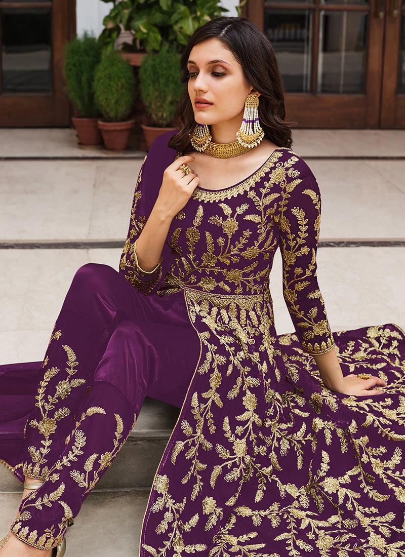 Slit Cut Heavy Embroidered Purple Suit Fashionable Online