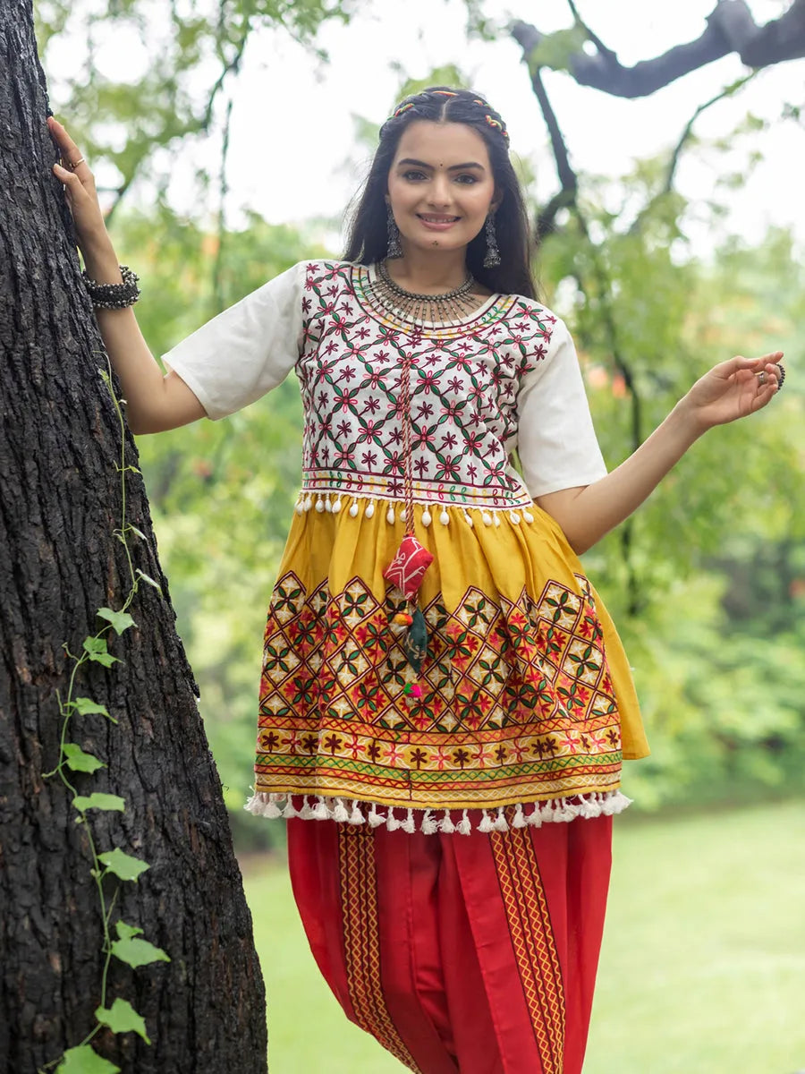 Off-White and Yellow Embroidered  Kedia Set for Navratri 2025 New