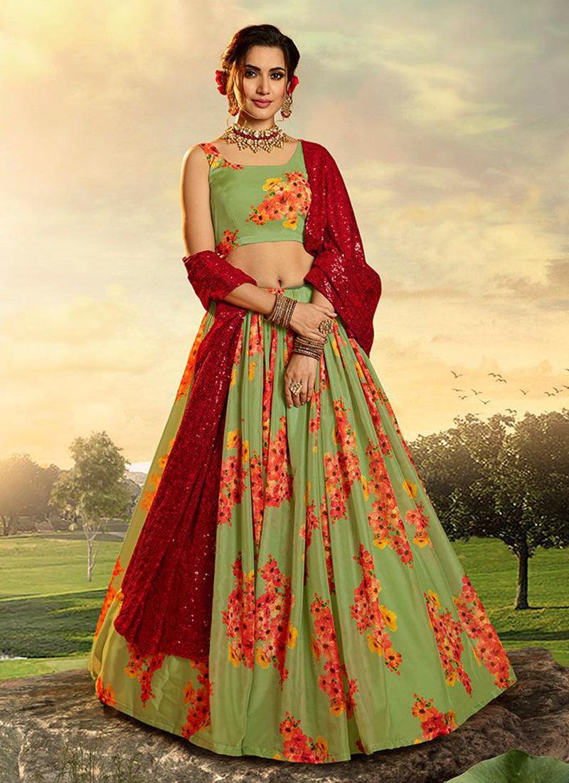 Green Organza printed Lehenga Choli with red dupatta Perfect For Sale