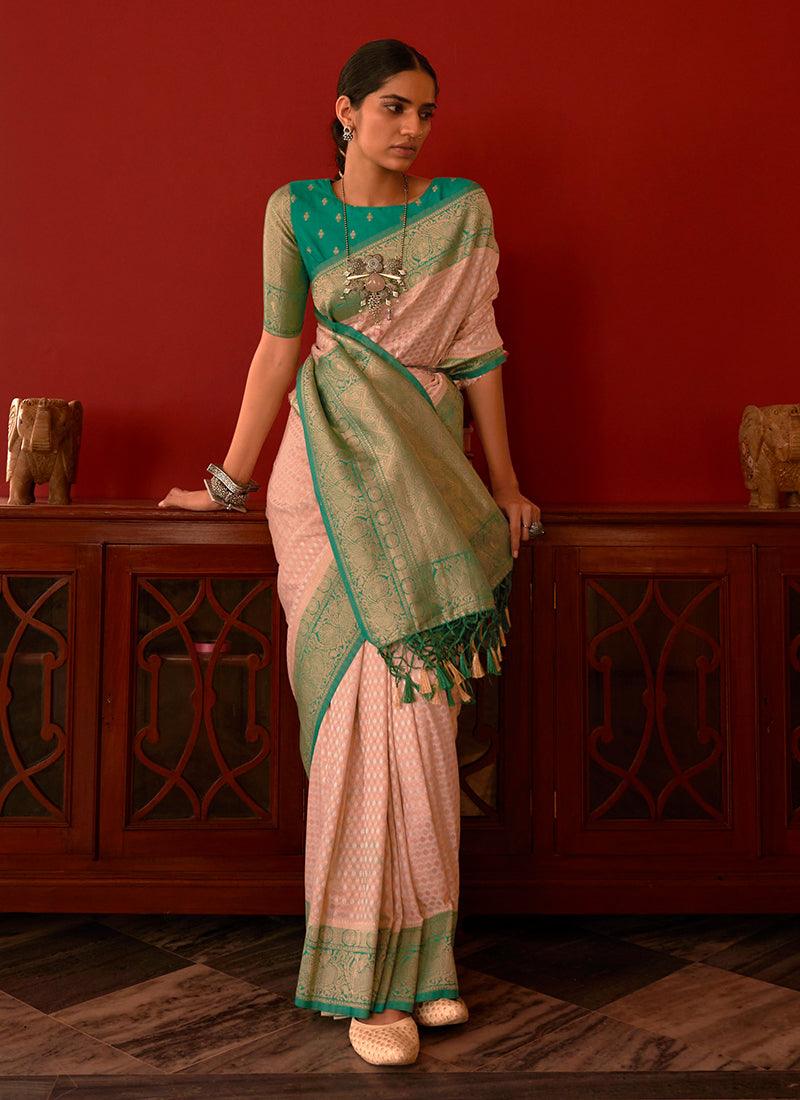 Georgette Base Zari Weaving Peach Saree Stockist Online