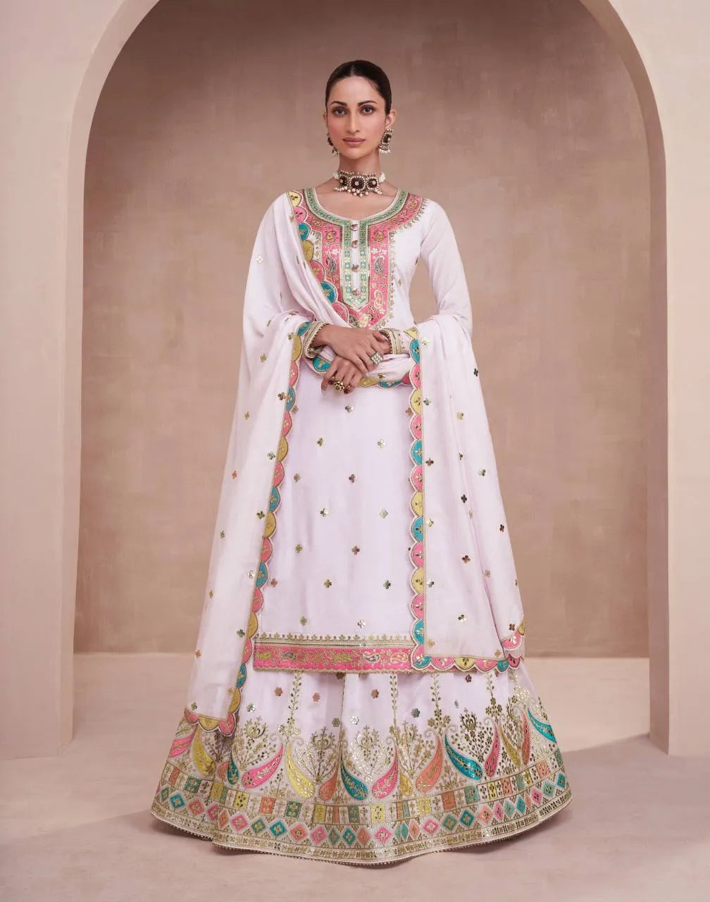 Flawless Off-White Chinon Embroidered Lehenga With Kurta For Cheap Pice