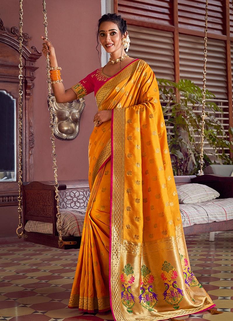 Mustard Yellow Color Silk Fabric Half And Half Silk Weave Saree Get Authentic