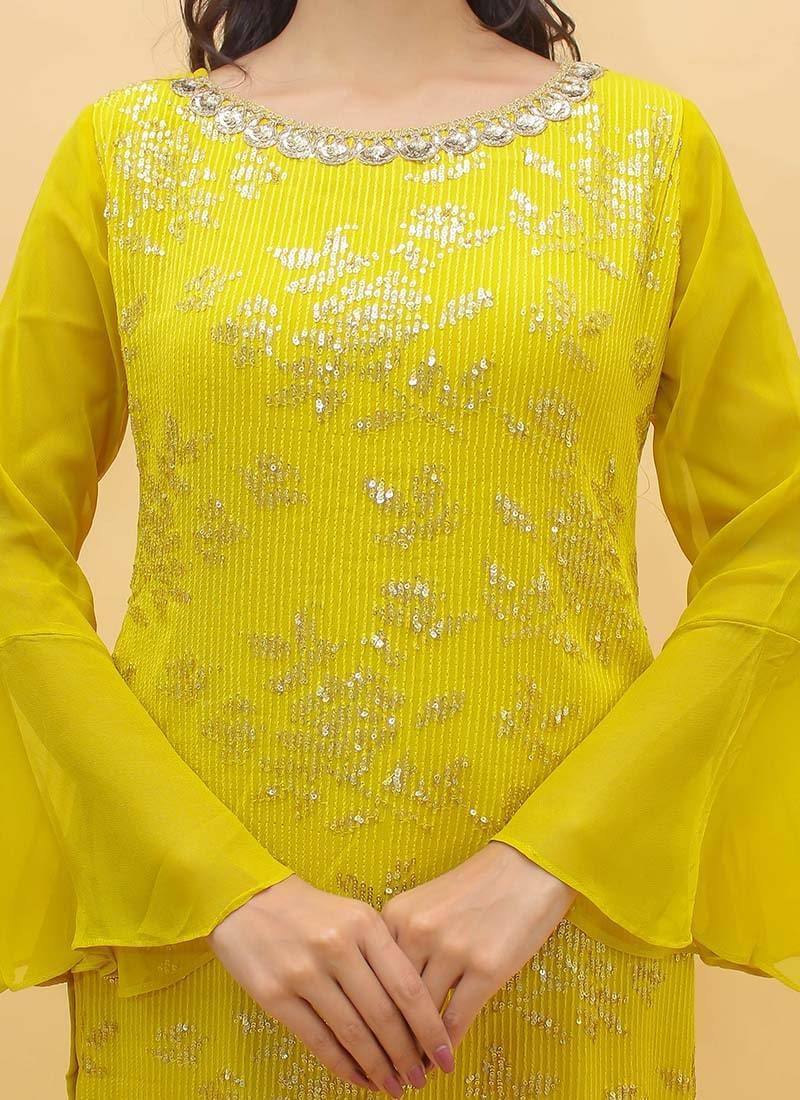 Shining Yellow Color Circular Flounce Sleeves Sequins Work Sharara Salwar Suit New For Sale