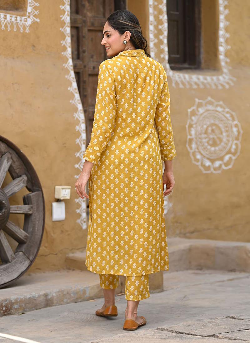 Printed Yellow Long Coat Style Kurti Geniue Stockist