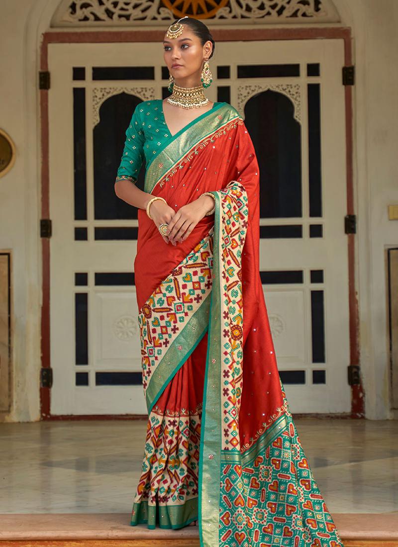 Red Foil Work Patola Silk Saree Cheap For Nice