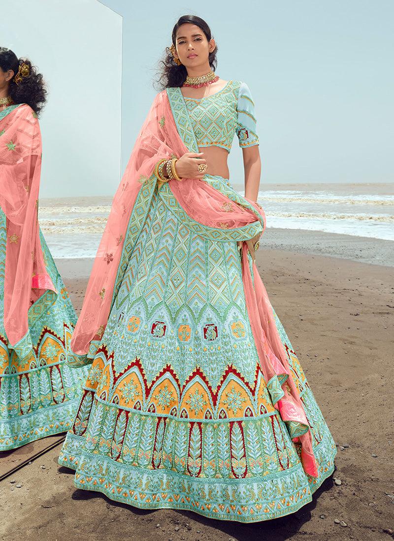 Turquoise Designer Georgette Lehenga Choli Outlet Purchase