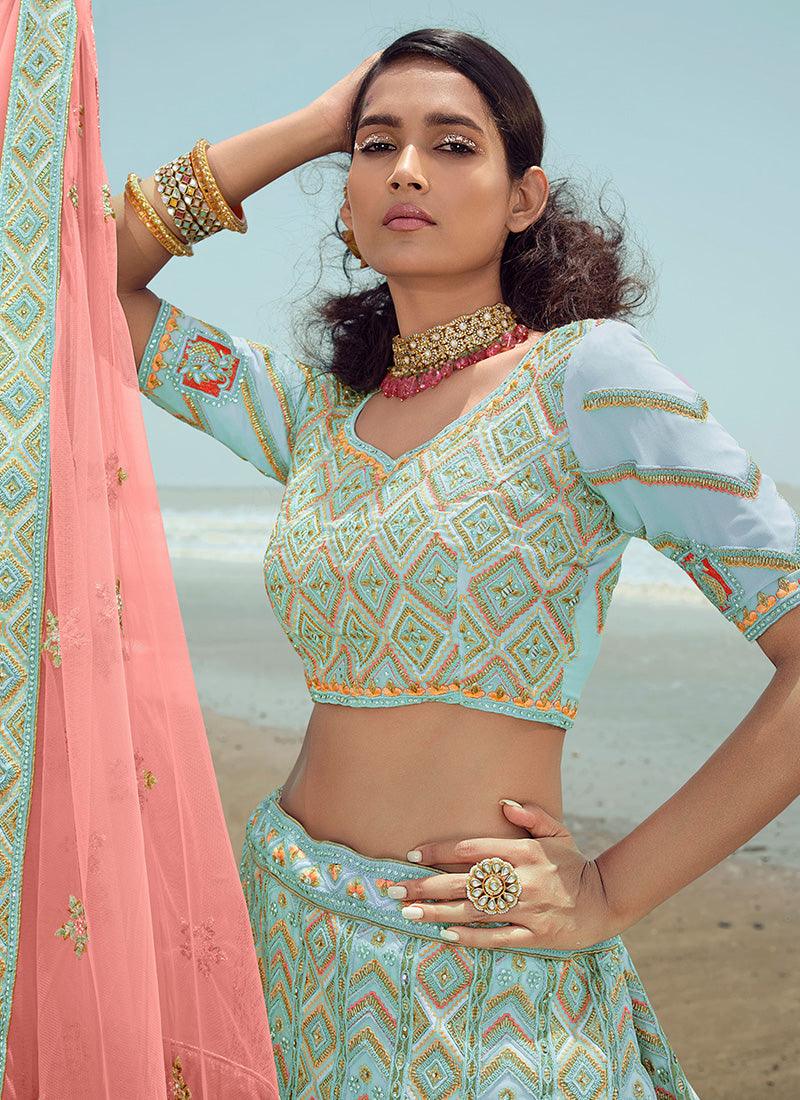 Turquoise Designer Georgette Lehenga Choli Outlet Purchase