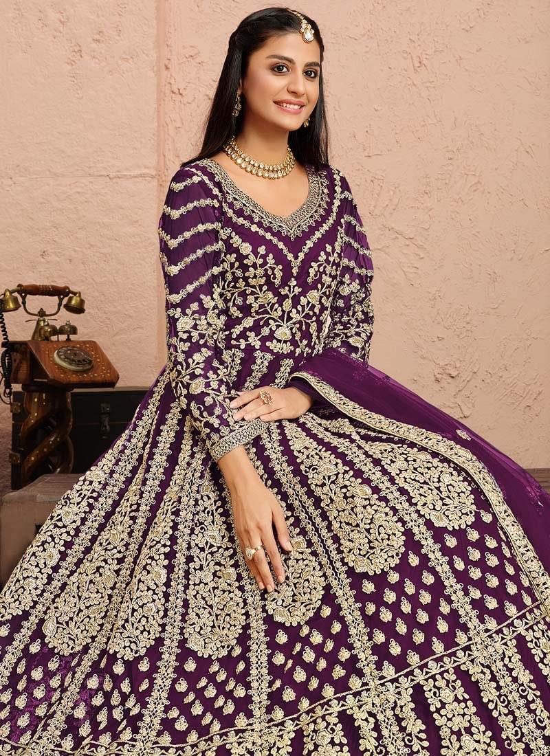 Soft Net Fabric Purple Color Zari Work Fabulous Designer Gown Really For Sale