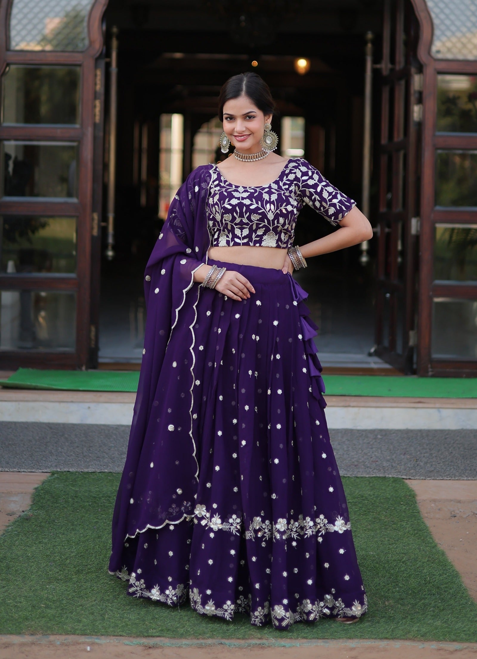 Purple Georgette Sequins and Embroidered work lehenga choli Supply Sale Online