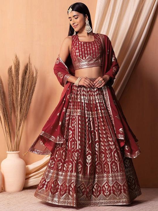 Maroon Georgette Sequinned pleated Lehenga Choli Cheap Discounts