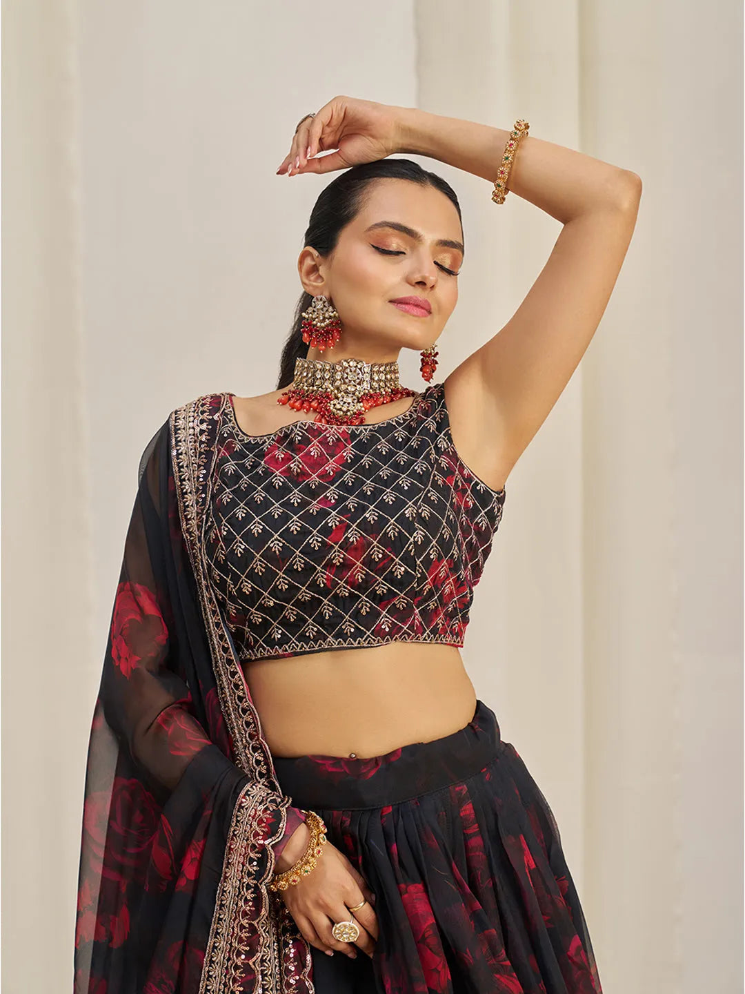 Black Organza Zari Dori Sequins Floral Lehenga Choli Set Grey Outlet Store Online