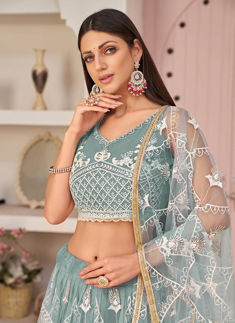 Net Base Dusty Blue Lehenga Choli Sale Latest