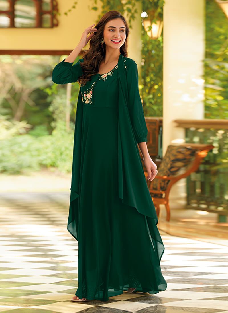 Hand Work Dark Green Georgette Kurti Discount Fast Delivery