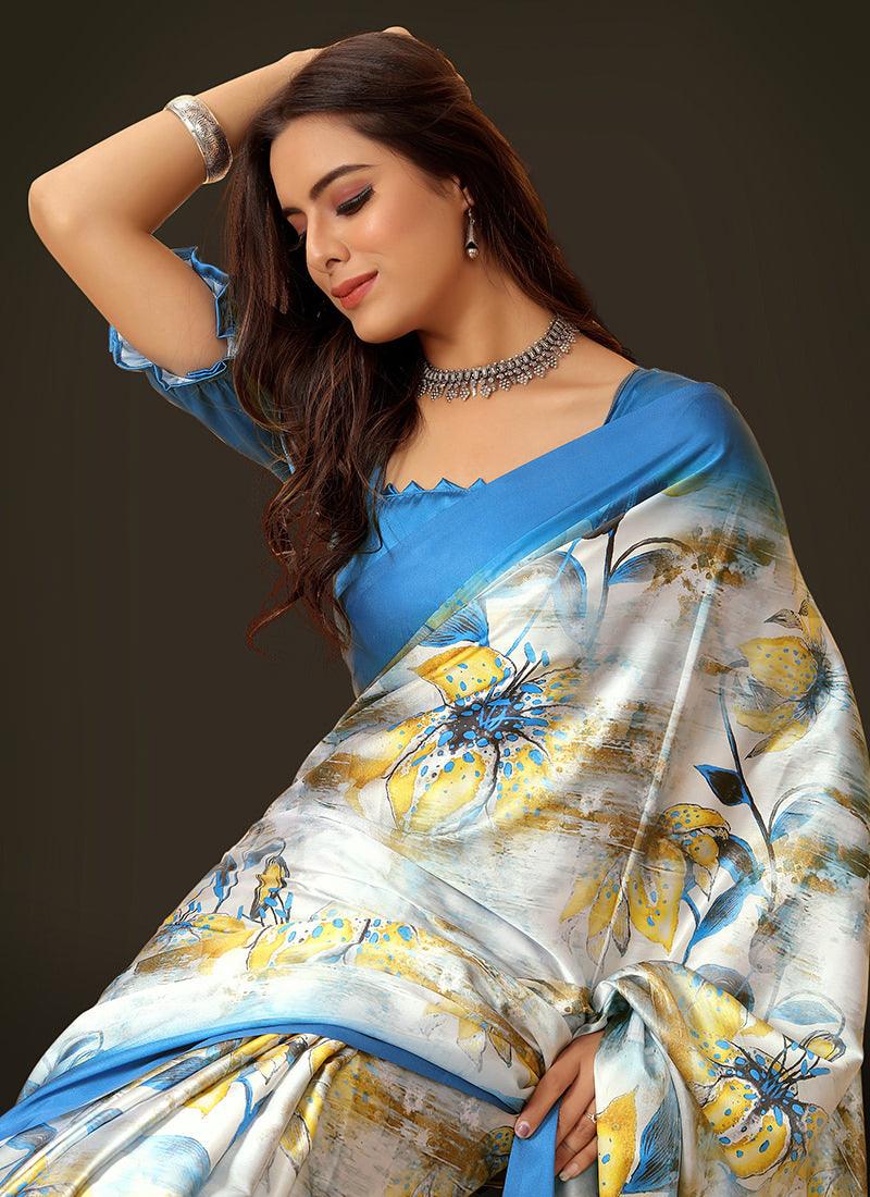 Blue Color Puff Sleeves Satin Saree Official Site