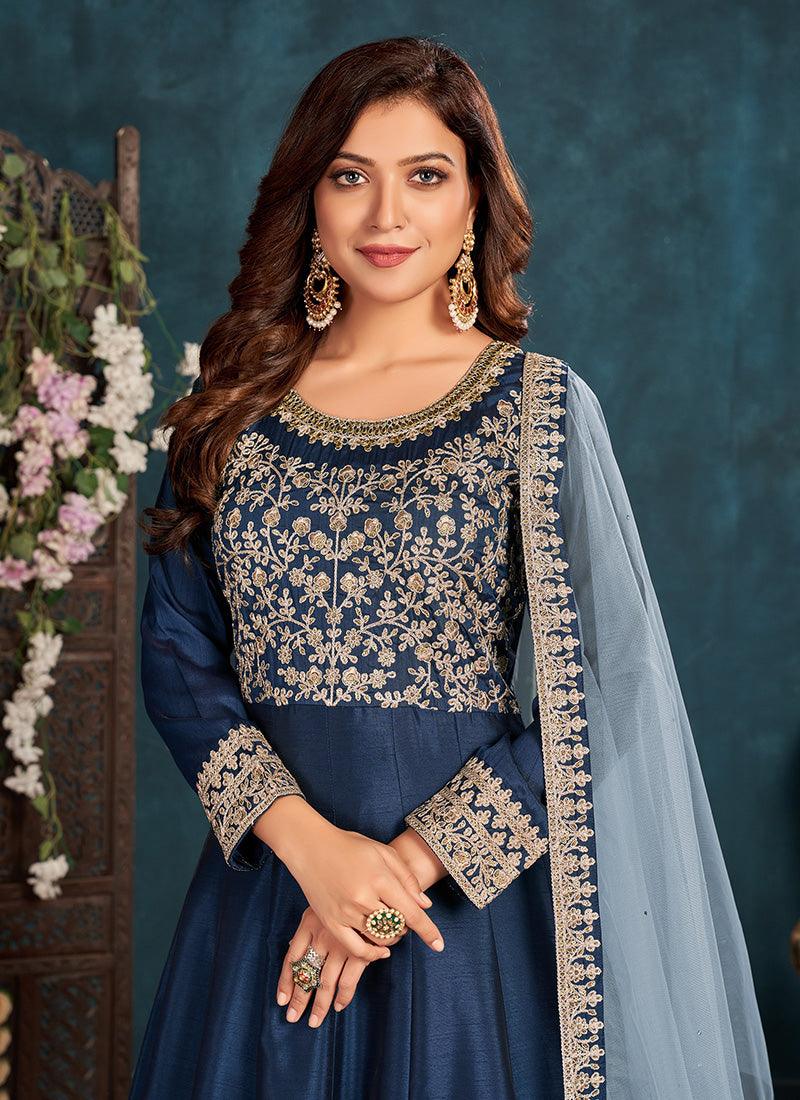 Navy Blue Color Art Silk Fabric Dori Work Gown With Net Dupatta Outlet Get To Buy