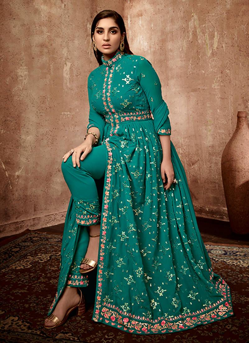 Georgette Embroidered Pine Green Slit Cut Suit Sale Best