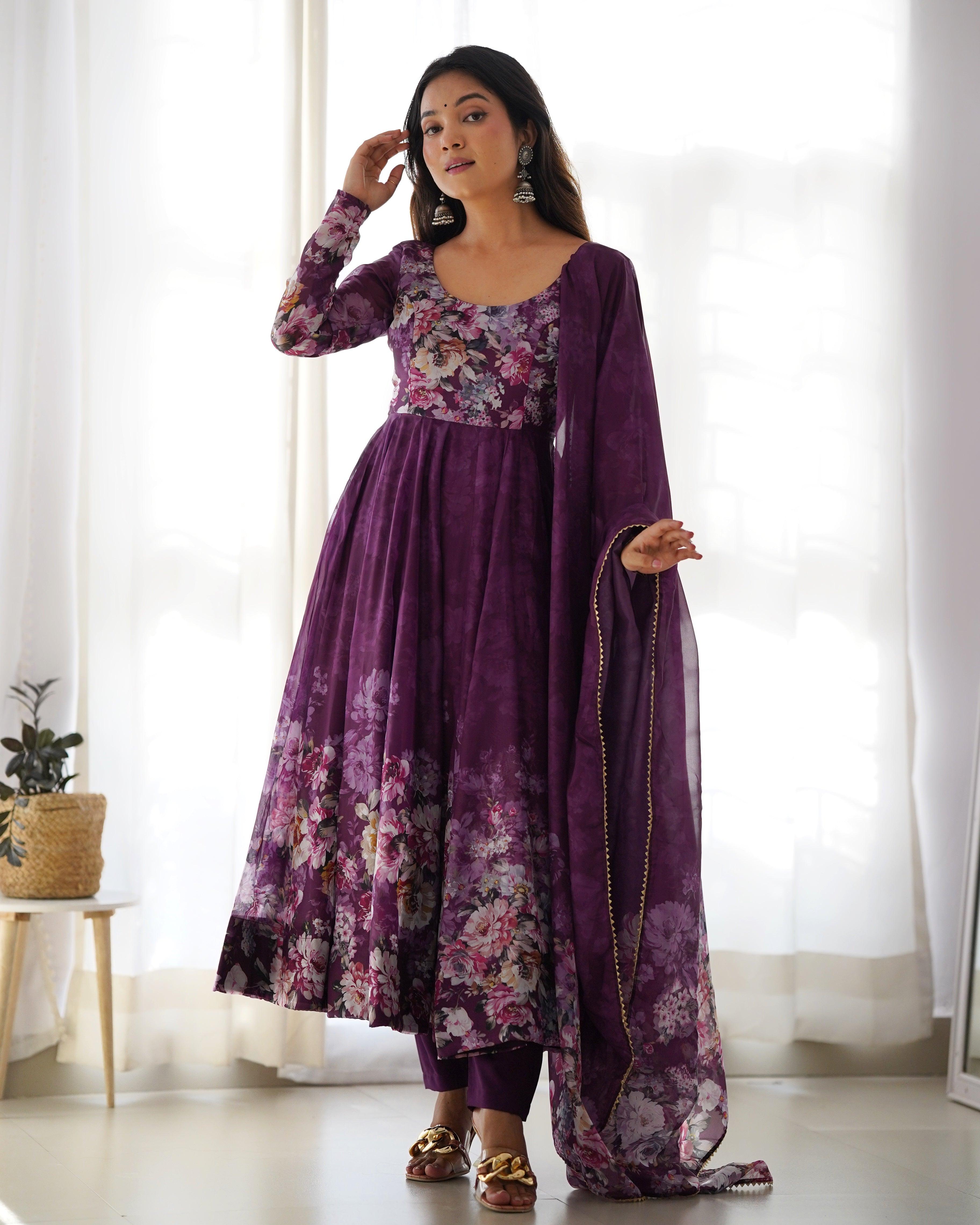 Wine Color Organza Printed Anarkali Suit With Dupatta Sast Online