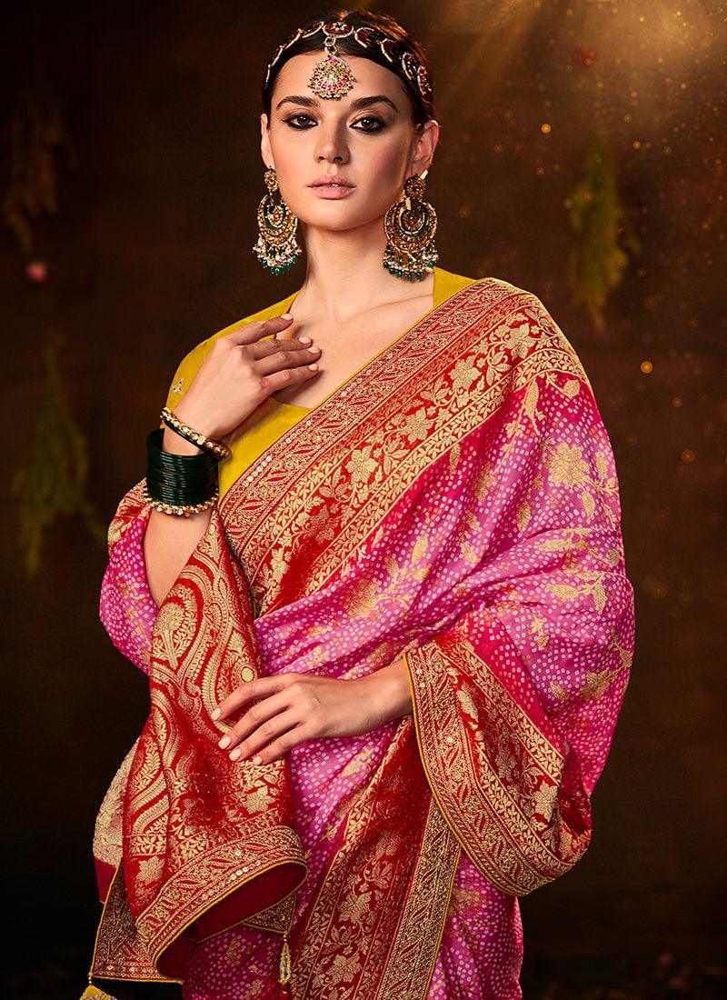 Embroidered Blouse With Pink Bandhej Saree Footlocker Finishline For Sale