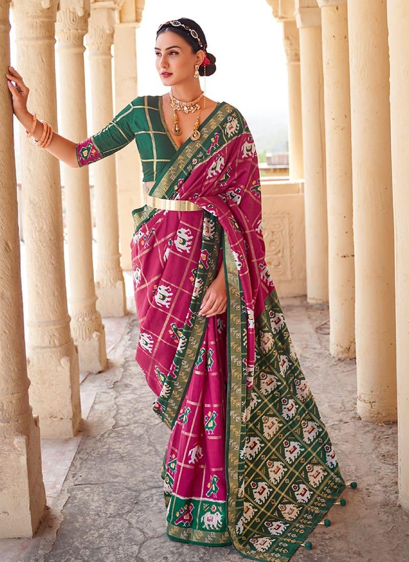 Low Cut Neck Blouse With Hot Pink Patola Saree Cheap Sale Get Authentic