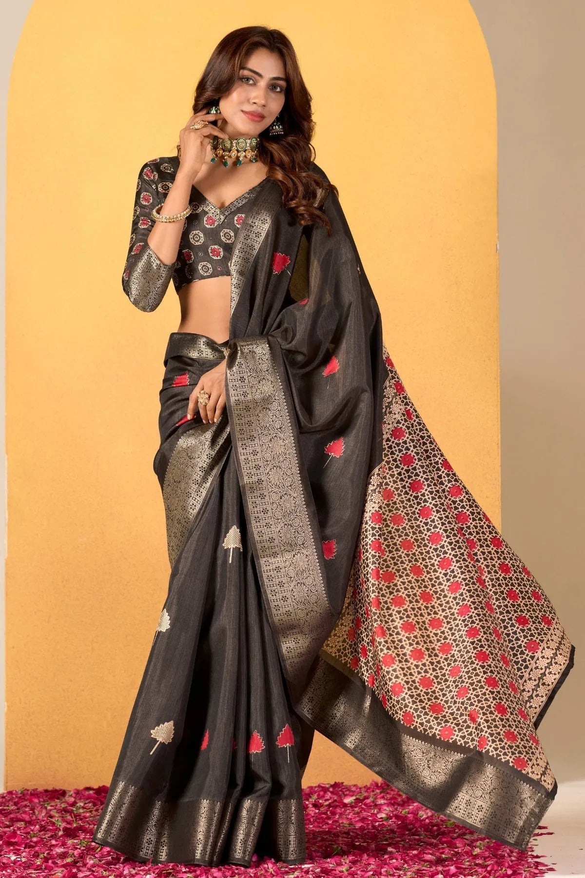 Elegant Black Soft Dola Silk Saree with Intricate Woven Pattern Clearance Geniue Stockist