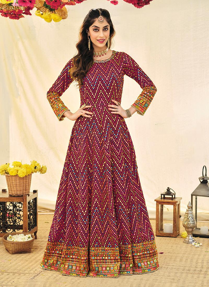 Thread And Mirror Work Zig-Zag Pattern Wine Gown Discounts Sale Online