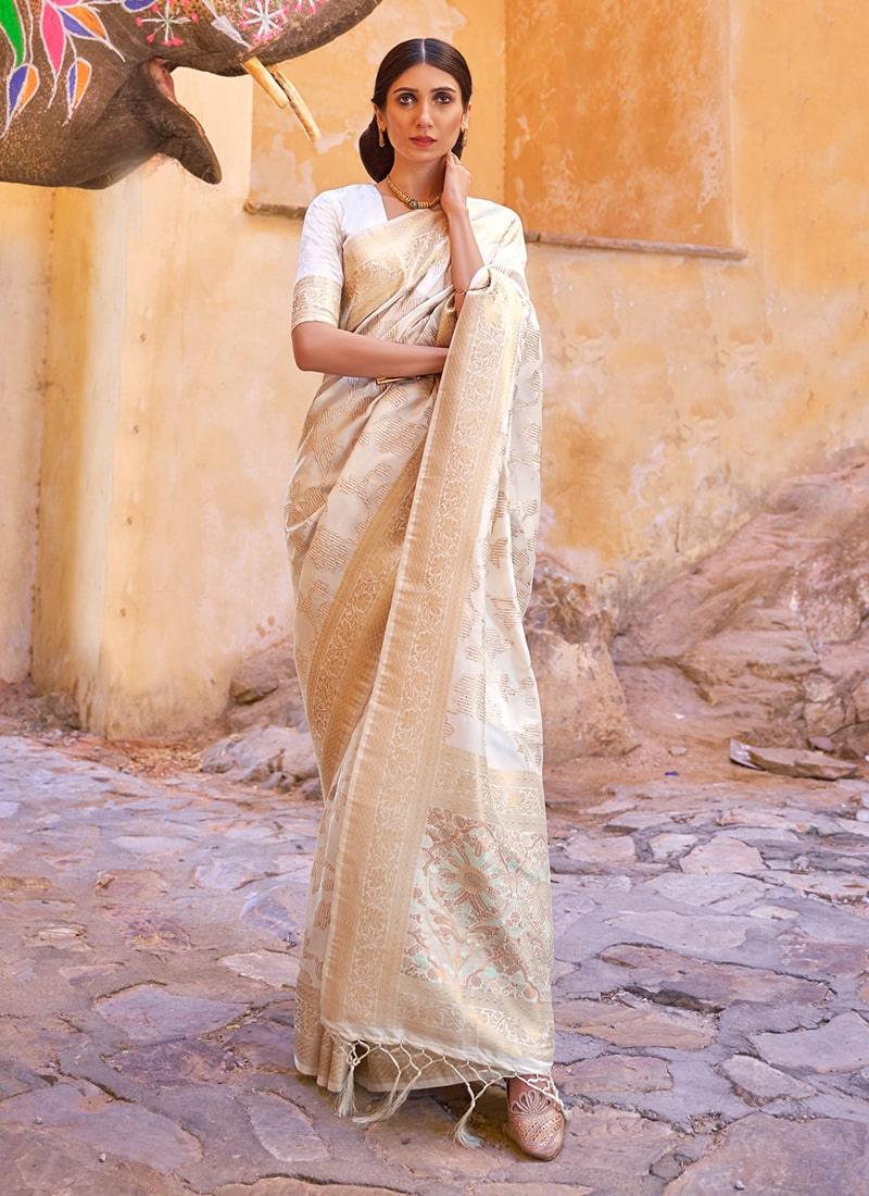 Lavish Cream Color Silk Base Printed Saree With Sequins Work Low Cost For Sale