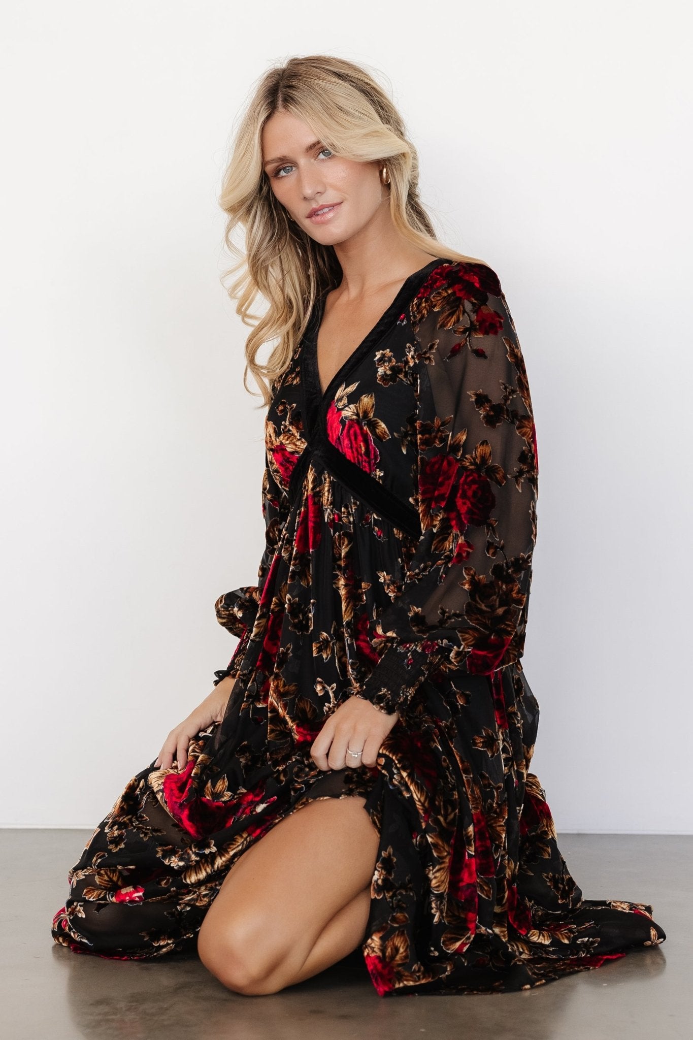 Adele Velvet Dress | Black + Rose Floral Cheap Sale Many Kinds Of