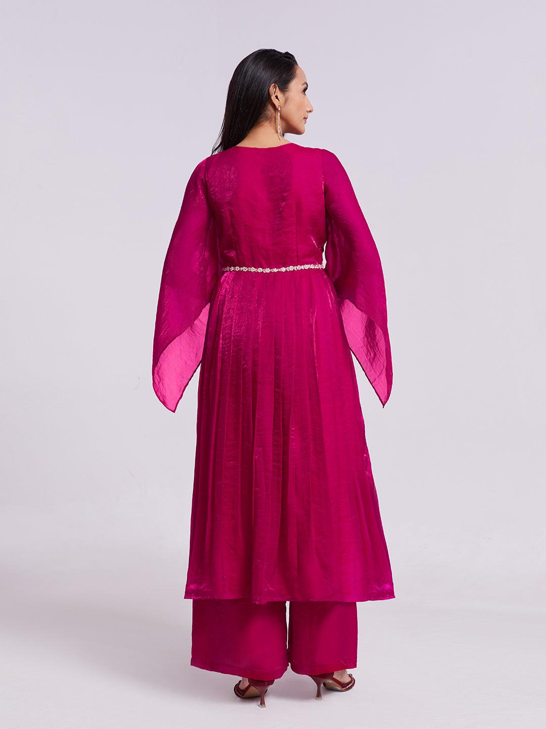 Rani pink organza salwar kameez with cape sleeve and hand work Sale Cheapest