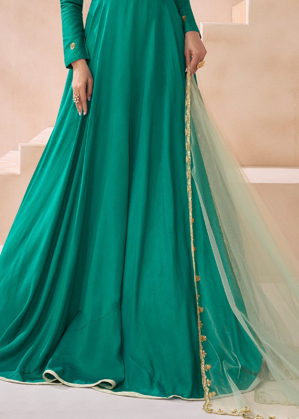 Elegant Cyan Green Pure Silk Embroidered Anarkali Suit Newest Online