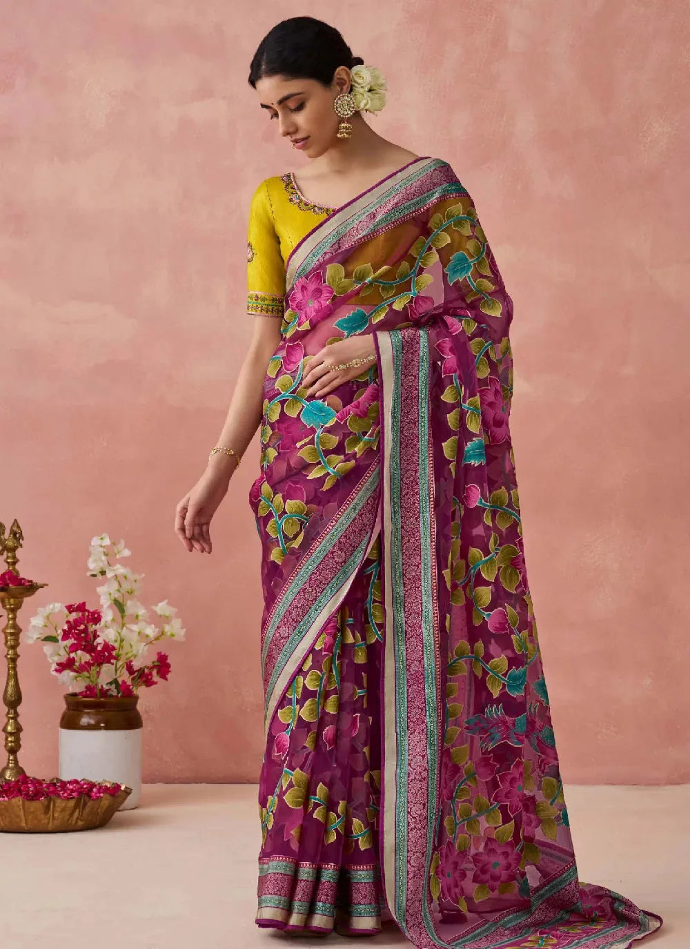 Rose Pink Organza Printed Woven Worked Designer Saree Online Online For Sale