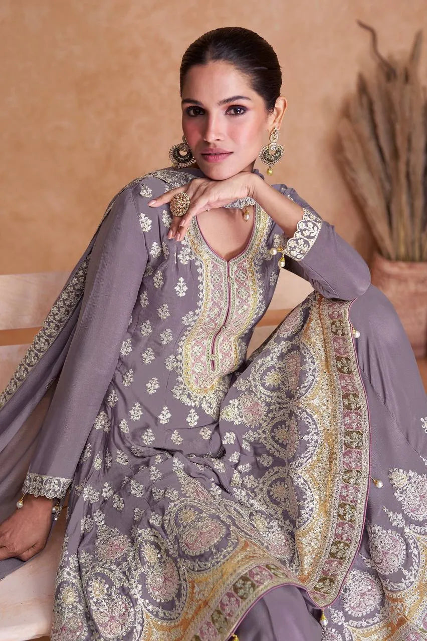 Lustrous Lavender Georgette Embroidered Sharara Suit Pay With Paypal Online