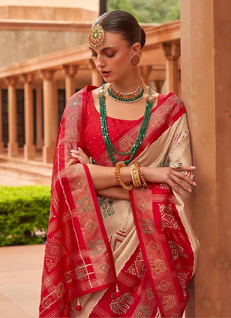 Cream Color Sleeveless Dola Silk Saree Discount Choice