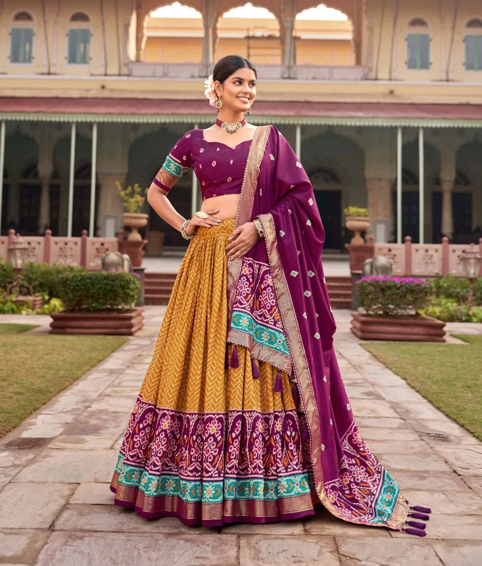 Impressive Tussar Silk Patola Printed Foil Worked Lehenga Choli Discount Great Deals