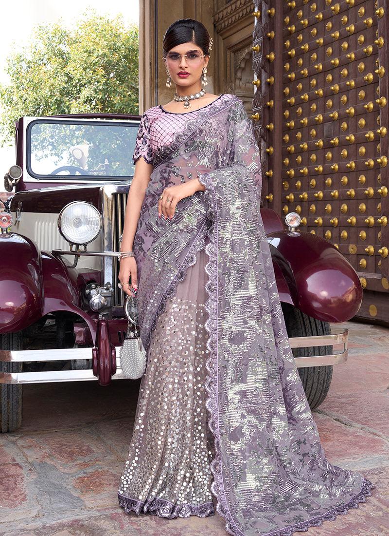 Mirror And Foil Embellished Purple Net Saree Pick A Best Cheap Pice