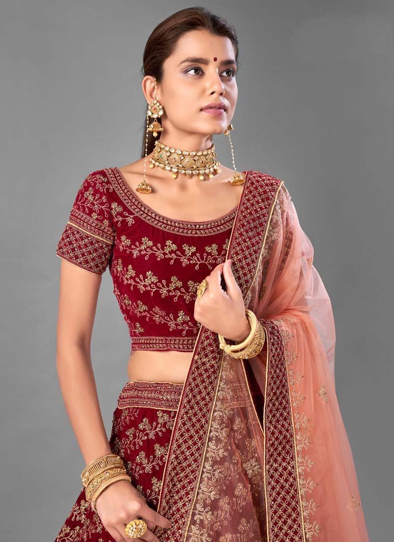 Splendid Velvet Fabric Stone And Dori Work Maroon Color Lehenga Choli Buy Cheap Inexpensive