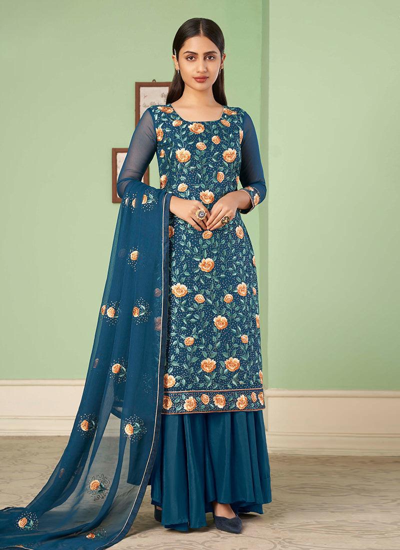 Thread And Sequins Work Blue Palazzo Browse Cheap Online