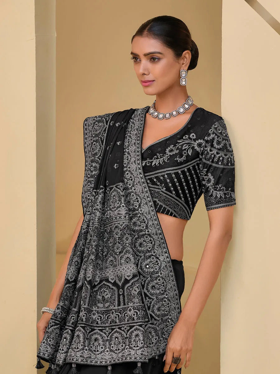 Fabulous Black Banarasi Silk Embroidered Saree Cheap Sale Pay With Paypal