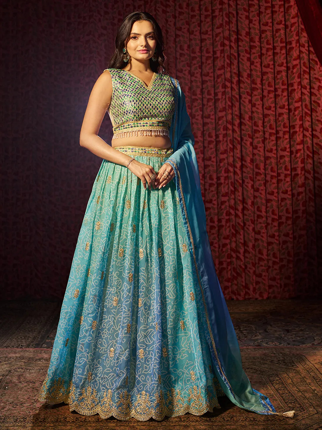 Breathtaking Blue Printed or Embroidered Organza Lehenga Choli Sale Amazing Pice