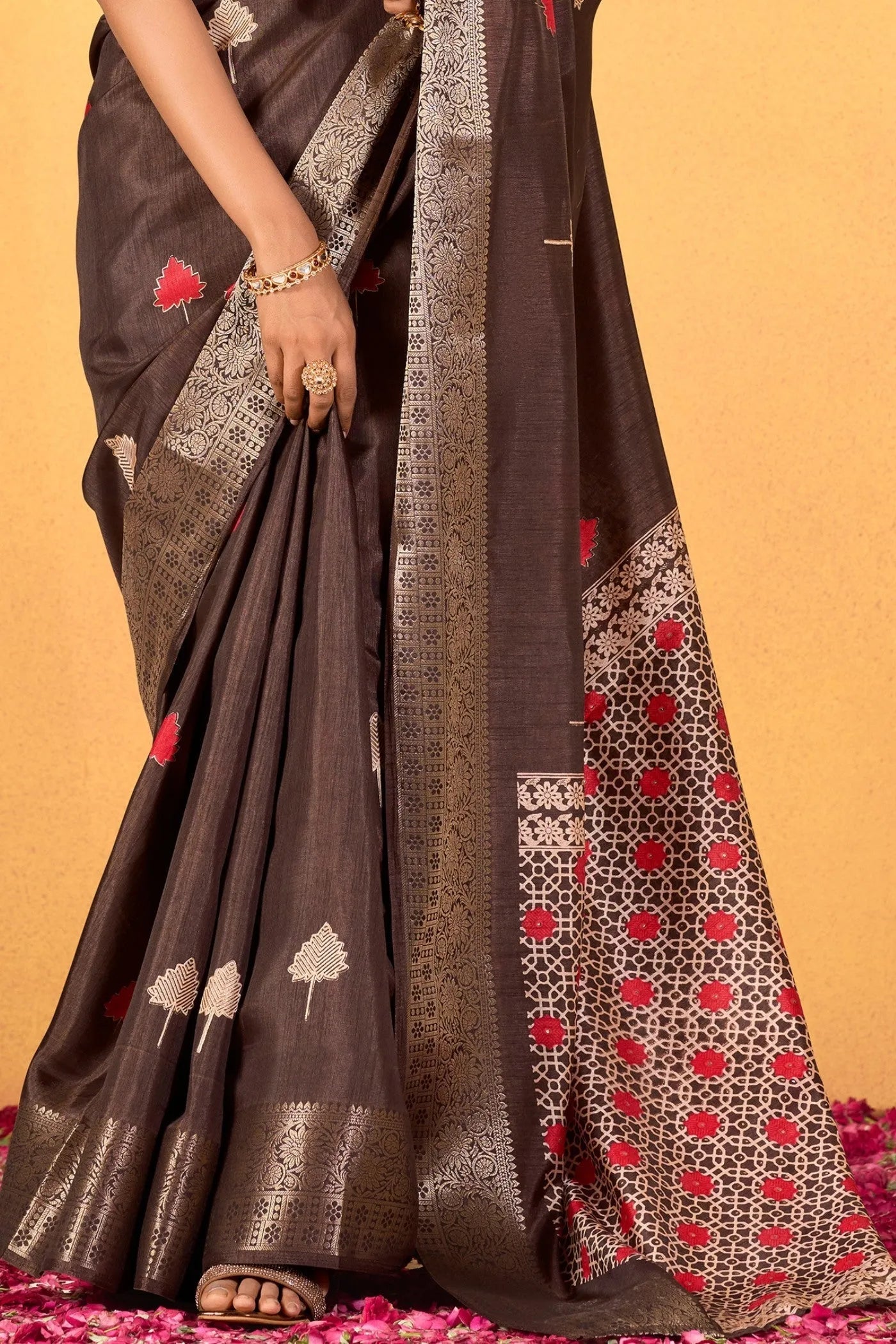 Dark Brown Soft Dola Silk Woven Worked Worked Classic Saree From China